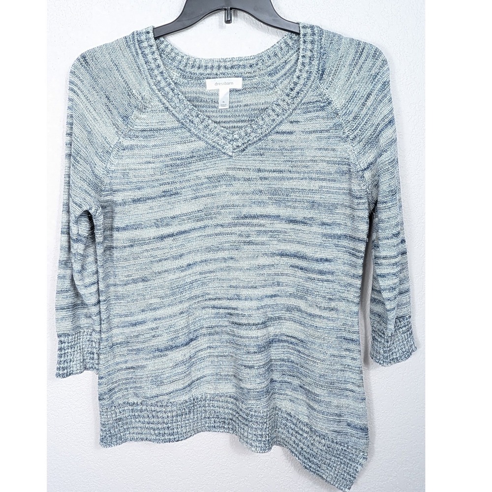 Dressbarn Sweater Womens XL Blue White Space Dye V-Neck 3/4 Sleeve Asymmetrical